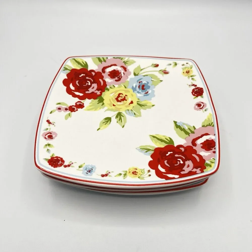 Shabby Chic Roses Small 6” Plates Square Appetizer Set of 3 Country Cottage